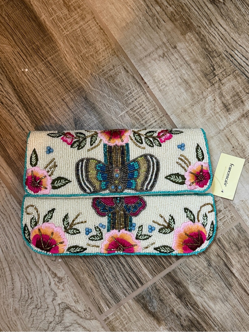 Francesca's Collections Cream Beaded Floral Clutch with Turquoise Trim